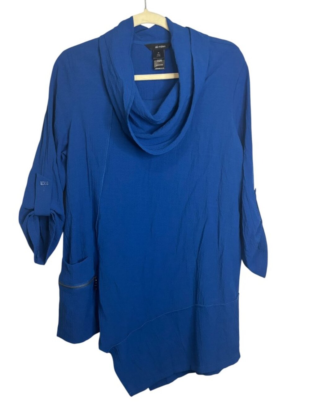 Ali Miles Blouse Women's Medium Cowl Neck Tunic‎ office asymmetrical Blue